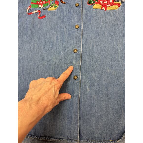 Vintage Chambray Christmas Embroidered Holiday Santa Cats Stocking Women Medium - Picture 7 of 9